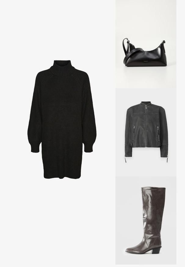 Schwarze Lederjacke mit einem Stehkragen, Frontreißverschluss und zwei Reißverschlusstaschen. Mit feinen Nähten und taillierter Passform.; Schwarzes Strickkleid mit hochgeripptem Kragen, Raglanärmeln und strukturiertem Stoff. Lockere Passform mit umgeschlagenen Ärmeln und geradem Saum.; Dunkelgrauer Lederstiefel für Frauen in Übergröße mit mittelhohem Absatz und runder Spitze, seitlich auf weißem Hintergrund gezeigt.; Schwarze lederne Handtasche mit glatter Textur. Verfügt über einen verstellbaren Riemen und ein elegantes, minimalistisches Design mit einem Reißverschluss.