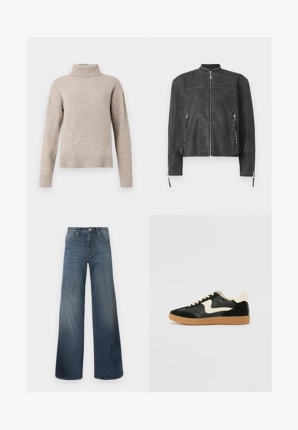 Sort læderjakke med ståkrave, frontlynlås og to lynlåslommer. Har diskret syninger og en skræddersyet pasform.; Beige rullekrave sweater lavet af blødt strikstof, med ribbet krave og manchetter, afslappet pasform og glat tekstur.; Bredde denim jeans i mørkeblå, med en slidteknik, knaplukning og fem-lomme stil. Glat tekstur, minimal syning detaljer.; Sorte ruskinds- og lædersneakers med en cremefarvet side-swoosh og lys cremefarvet hæl. Har beige snørebånd og en gummirubber-sål.