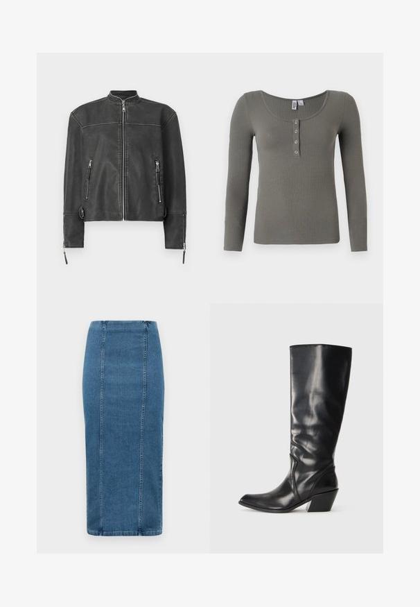 Schwarze Lederjacke mit einem Stehkragen, Frontreißverschluss und zwei Reißverschlusstaschen. Mit feinen Nähten und taillierter Passform.; Olivgrünes, geripptes Langarmshirt mit Rundhalsausschnitt und vier silbernen Druckknöpfen auf der vorderen Blende.; Blaue Denim-Bleistiftrock mit vertikalen Nähten und hohem Taillenbund, der unter das Knie fällt, auf einem weißen Hintergrund präsentiert.; Schwarze Leder-Stiefel bis zum Knie mit spitzem Zeh, angularer Ferse und glatter Textur. Verfügt über einen dezenten gesteppten Akzent an der Seite.