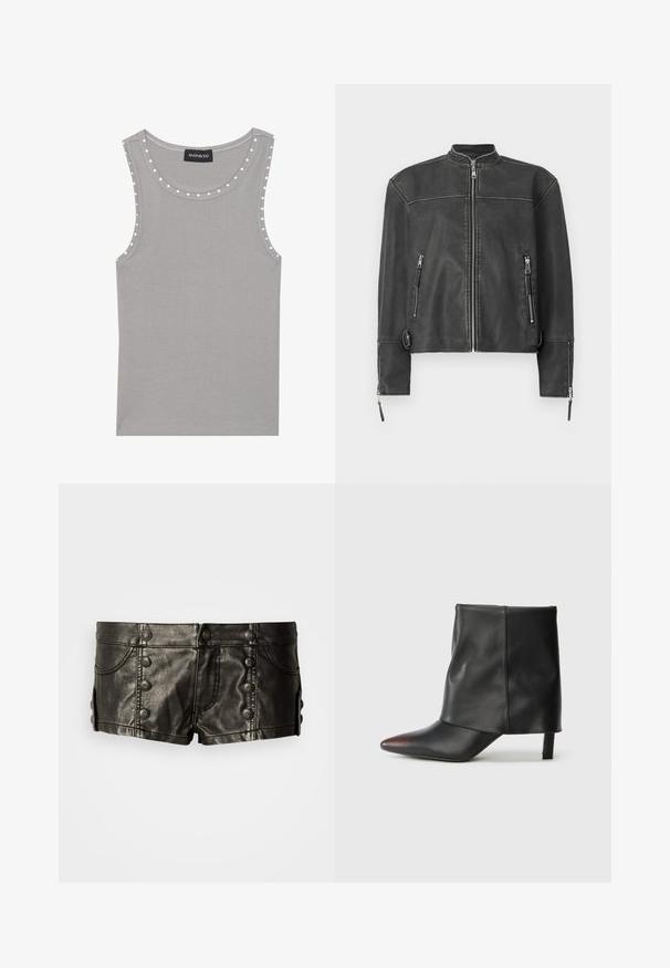 Veste en cuir noir avec col montant, fermeture éclair à l'avant et deux poches zippées. Présente des coutures discrètes et une coupe ajustée.; Haut sans manches gris en tissu côtelé, avec un col rond et des accents de pois blancs le long des bords. Finition d'ourlet propre.; Shorts en cuir noir taille basse avec boutons métalliques décoratifs sur le devant et les côtés, dotés de poches avant et de détails de couture.; Bottine noire en cuir lisse avec un bout pointu et un talon effilé. La tige présente un design légèrement froncé.