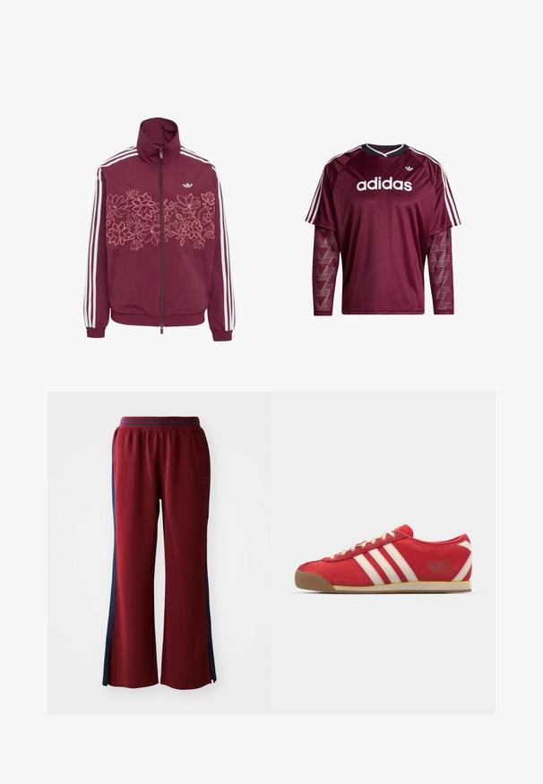 Viininpunainen verkkatakki, jossa valkoiset raidat hihoissa, vaaleanpunainen kukkakuvio rinnan kohdalla, kokonapitettava vetoketju edessä ja vetoketjulliset sivutaskut.; Punaruskea Adidasin pitkähihainen paita verkkohihansivuilla, valkoinen logo ja raidat olkapäillä, musta-valkoinen kaulus, edestä kuvattuna.; Punainen collegehousut, joissa on tilava malli, navy blue -väriset sivuraidat ja leveät lahkeet. Mukava kuminauha vyötäröllä.; Punainen mokkanahkainen urheilukenkä, jossa on kolme valkoista raitaa. Kumia pohja, matala muotoilu, pyöreä kärki ja nauhakiinnitys. Teksti "adidas Italia" sivussa.