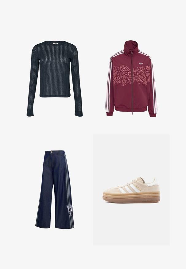 Veste de survêtement bordeaux avec des bandes blanches sur les manches, motif floral rose clair en contour sur la poitrine, fermeture éclair complète à l'avant et poches latérales zippées.; Haut à manches longues marine en tissu transparent et texturé avec des rayures verticales. Encolure arrondie et ourlet légèrement court. Étiquette visible sur le côté.; Pantalon en denim bleu foncé à jambes larges avec des bandes grises sur les côtés, fermeture par boutons, poches avant et patch logo Adidas sur la jambe gauche.; Baskets en daim beige avec accents en cuir blanc, présentant trois rayures blanches, un logo doré et une semelle en caoutchouc épaisse et translucide.
