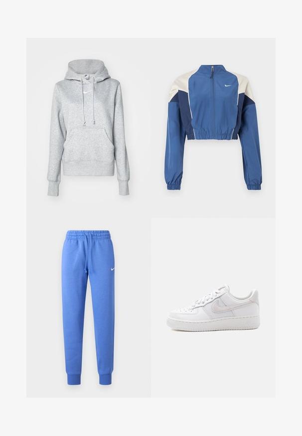 Sininen, valkoisilla ja laivastonsinisillä väreillä varustettu lyhyt takki, jossa on korkea kaulus, etuvetoketju, joustavat hihansuut ja kiiltävä pinta. Nike-logo rinnassa.; Harmaa huppari, jossa on kiristysnauhallinen huppu, etutasku ja resorit hihansuissa. Rinnassa pieni valkoinen Nike-logo.; Siniset verkkarit pehmeästä kankaasta, joissa on kuminauha vyötäröllä ja kiristysnauha, resorit lahkeensuissa sekä pieni valkoinen logo sivulla.; Valkoinen Nike Air Force 1 matalakärkinen lenkkari, jossa valkoiset nauhat, rei'itys varvastilassa ja verkkopaneeli Nike-swoosh-logon takana.