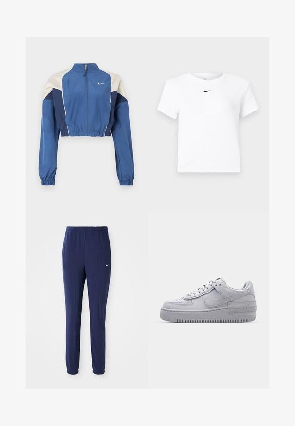 Chaqueta azul recortada con bloques de color blanco y azul marino, cuello alto, cremallera frontal, puños elásticos y textura brillante. Logo de Nike en el pecho.; Camiseta corta de manga corta blanca de Nike con un pequeño logo negro de Nike Swoosh centrado justo debajo del escote.; Pantalones deportivos azul marino con cintura elástica, piernas ajustadas y logo de Nike blanco en el lado izquierdo. Hechos de una tela suave.; Zapatilla Nike Air Force 1 gris con puntera perforada, parte superior de cuero suave, suela gruesa y detalle en relieve 'AIR' en el talón.