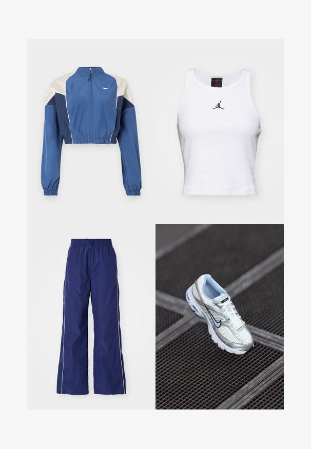 Gekürzte blaue Jacke mit weißen und marineblauen Farbakzenten, hohem Kragen, Reißverschluss vorne, elastischen Bündchen und glänzender Textur. Nike-Logo auf der Brust.; Weißes Crop-Top aus Baumwolle mit geripptem Struktur. Verfügt über ein schwarzes Jordan-Logo in der Mitte und einen klassischen Rundhalsausschnitt.; Marineblaue, leichte, weit geschnittene Hose mit elastischem Bund und Kordelzug, mit weißen seitlichen Streifen und einer zerknitterten Textur.; Weiße Mesh-Sportschuhe mit silbernen Akzenten, hellblauer Naht und einem schwarzen Swoosh-Logo. Verfügen über einen gepolsterten Schaft und eine strukturierte Sohle.