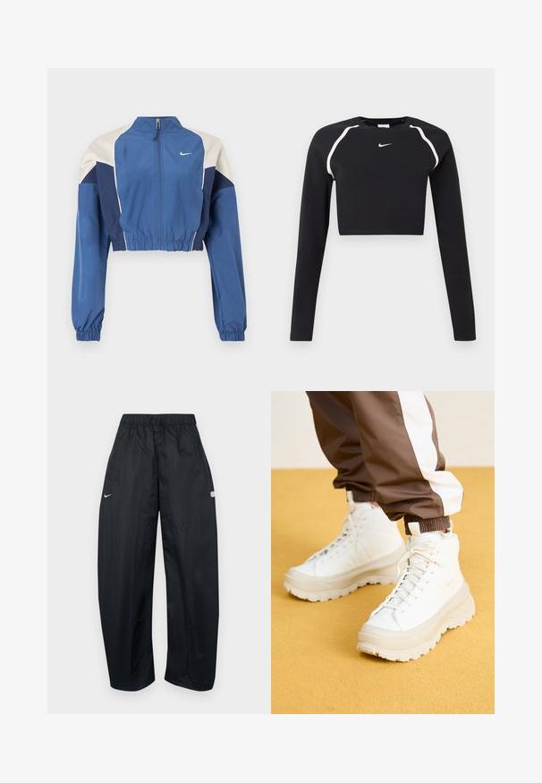 Beskåret blå jakke med hvid og marinefarvet farveblokering, høj krave, lynlås foran, elastiske ærmekanter og en skinnende tekstur. Nike-logo på brystet.; Sort langærmet cropped sports top med hvide buede skulderstriber og lille hvid Nike swoosh-logo i midten af brystet.; Sorte, løstsiddende træningsbukser lavet af let materiale. Har elastisk talje, justerbar snor og logo-accenter.; Hvide højtop sneakers med en kraftig, tekstureret sål, der har en glat overdel, rund tå og tonede snørebånd, placeret mod en gul baggrund.