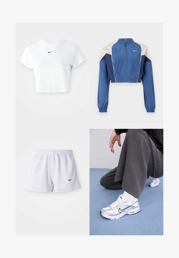 Lõigatud sinine jakk valgete ja mereväe värvi plokkidega, kõrge krae, esilukustuse, elastsete mansettide ja läikiva tekstuuriga. Nike logo rinnal.; Valge lühikeste varrukatega puuvillane lühike t-särk ümarate kaelustega, millel on rinna peal must Nike logo.; Valged, ribakujulised spordilühikesed püksid elastse vöökohtaga ja väike must Nike Logo alumises vasakus nurgas. Lihtne, minimalistlik disain.; Valged ja hõbedased spordijalatsid, mis on valmistatud võrgusilma ja sünteetilistest materjalidest ning millel on mustad aktsentjooned, paelad ja tekstuuriga tallad.