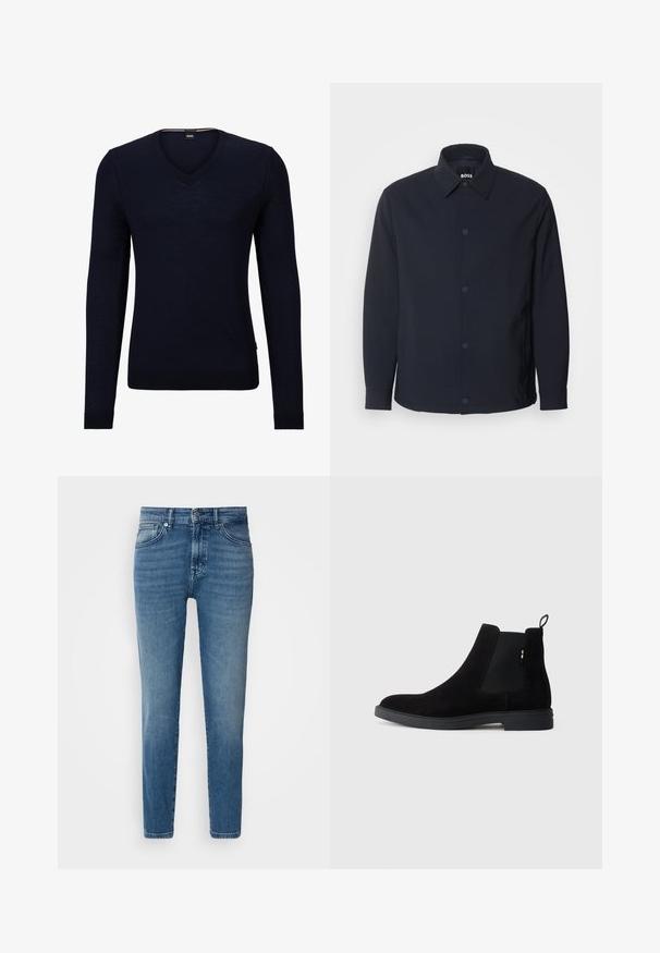 Marineblå jakke med knaplukning foran, klassisk krave, lange ærmer og en glat, mat tekstur samt sidelommer.; Mørkeblå v-hals sweater lavet af blødt strikstof med lange ærmer og ribbede manchetter og kant. Har et mærke med brandlogo indeni halslinjen.; Lysblå denimjeans med lige pasform, traditionelt fem-lomme-design, metalknaplukning og diskret slid på fronten.; Sorte suede Chelsea støvler med elastiske sidepaneler, rund tå og en lav gummisål. Har en pull tab bagpå for nem påtagning.