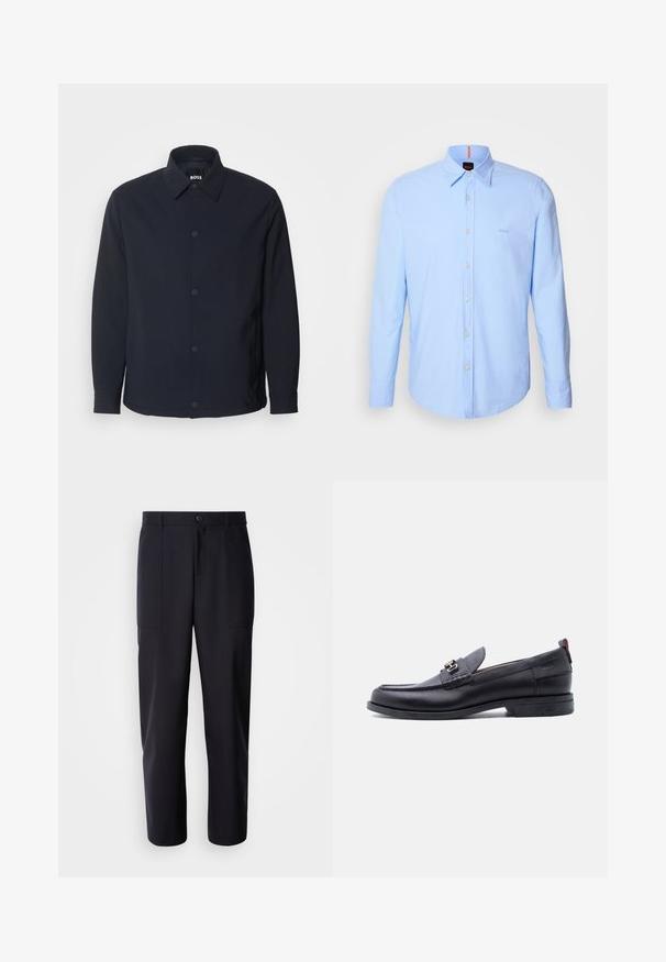 Marineblaue Jacke mit Knopfleiste, klassischem Kragen, langen Ärmeln und einer glatten, matten Textur sowie seitlichen Taschen.; Helles blaues Langarmhemd aus Baumwolle, mit einem Button-Down-Kragen, Knopfleiste und dezentem Logo-Stick auf der Brust.; Dunkelblaue Hosen aus glattem Stoff, mit geradem Bein-Design, zwei Seiten Taschen und einem Knopfverschluss an der Taille.; Schwarzer Lederloafer mit grauem, strukturiertem Vorderblatt, silberner Metallschnalle, niedrigem Absatz und Zuglasche hinten.