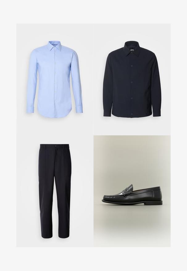 Chaqueta azul marino con cierre de botones en el frontal, cuello clásico, mangas largas y una textura suave y mate, con bolsillos laterales.; Camisa de manga larga azul claro hecha de algodón, con un frente de botones, cuello y dobladillo redondeado. Textura suave sin patrones.; Pantalones oscuros de navy, confeccionados en un tejido suave, con un diseño de pierna recta, dos bolsillos laterales y un cierre de botón en la cintura.; Mocasín de hombre de cuero negro con diseño moc-toe, tira de tipo penny y tacón bajo sobre fondo neutro.