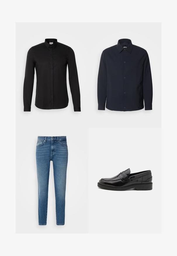 Marineblauwe jas met een knoopsluiting aan de voorkant, een klassieke kraag, lange mouwen en een gladde, matte textuur met zijzakken.; Zwarte langarmshirt van gladde stof, met een button-down kraag, een voorpannetje en een subtiele logo detail op de borst.; Lichtblauwe denim jeans met een rechte pasvorm, traditionele vijf-pocket stijl, metalen knoopsluiting en subtiele vervaging aan de voorkant.; Zwarte leren instappers met een gladde afwerking, ronde neus, lage hak en decoratieve stiksels aan de voorkant. Rubberen buitenzool voor grip.