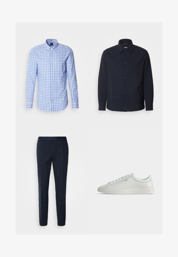 Marineblauwe jas met een knoopsluiting aan de voorkant, een klassieke kraag, lange mouwen en een gladde, matte textuur met zijzakken.; Blauw en wit geruit overhemd met lange mouwen, knoop-onderkraag en geborduurd logo op de borst. Soepele katoenen stof.; Navyblauwe broek van een katoenmix, met een rechte snit, plooien aan de voorkant en een knoopsluiting in de taille. Gladde textuur, geen patronen.; Witte lage leren sneaker met veters, platte zool en klein gouden "BOSS" logo aan de zijkant, gezien vanaf de buitenkant.