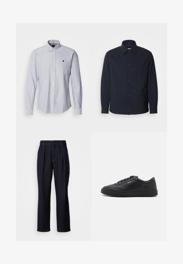 Marineblauwe jas met een knoopsluiting aan de voorkant, een klassieke kraag, lange mouwen en een gladde, matte textuur met zijzakken.; Lichtblauw overhemd met lange mouwen, gemaakt van een gestructureerde stof. Voorzien van een klein logo op de linkerborst en standaard manchetten.; Donkerblauwe denim jeans met wijde pijpen, inclusief voorplooien en oranje stiksels, weergegeven op een witte achtergrond.; Zwarte leren sneakers met een gladde textuur, ronde neus, platte rubberen zool en tonale veters. Kenmerkt zich door de gouden "BOSS" branding aan de zijkant.