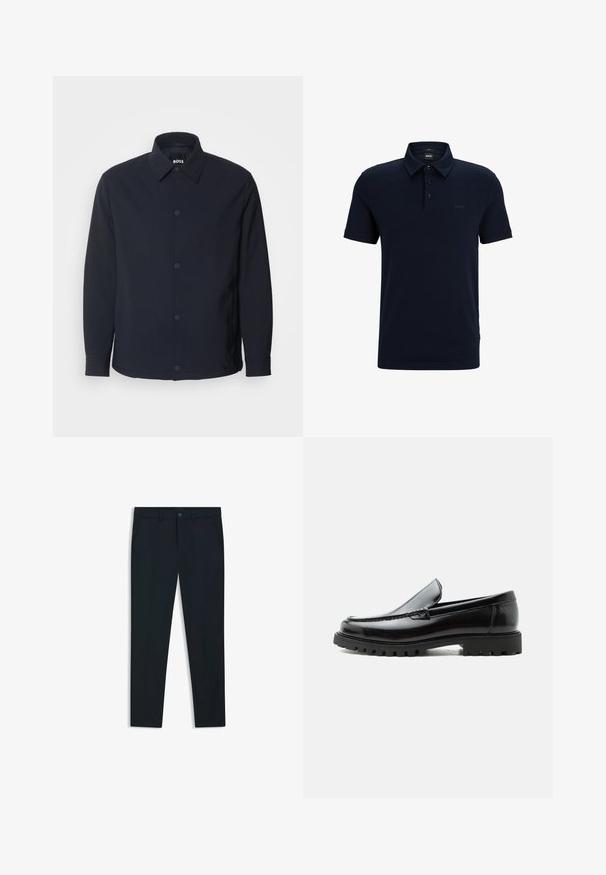 Marineblauwe jas met een knoopsluiting aan de voorkant, een klassieke kraag, lange mouwen en een gladde, matte textuur met zijzakken.; Navyblauwe polo-shirt van katoen, met een opgevouwen kraag, een drieknoopsluiting en een subtiele logo op de linkerborst. Korte mouwen.; Marineblauwe, op maat gemaakte broeken van een gladde stof; voorzien van steekzakken, riemlussen en een knoopsluiting. Rechtaf lopend ontwerp.; Zwarte leren loafer met dikke rubberen zool, gestikte bovenkant en gegraveerde merknaam op de hiel, zijaanzicht op witte achtergrond.