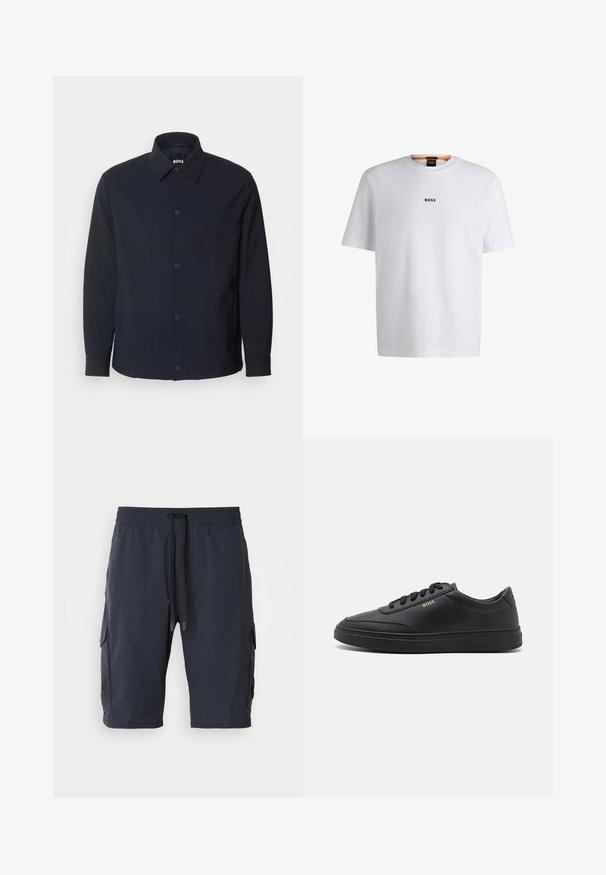 Chaqueta azul marino con cierre de botones en el frontal, cuello clásico, mangas largas y una textura suave y mate, con bolsillos laterales.; Camiseta de algodón blanca de manga corta, con un logotipo negro "BOSS" centrado en el pecho y un diseño de cuello redondo.; Pantalones cortos de carga de color navy con cintura elástica, cordón en la parte frontal, bolsillos laterales y textura suave. Tejido duradero adecuado para un uso casual.; Zapatillas de cuero negro con una textura suave, punta redondeada, suela plana de goma y cordones a tono. Presentan el logotipo dorado "BOSS" en el lateral.
