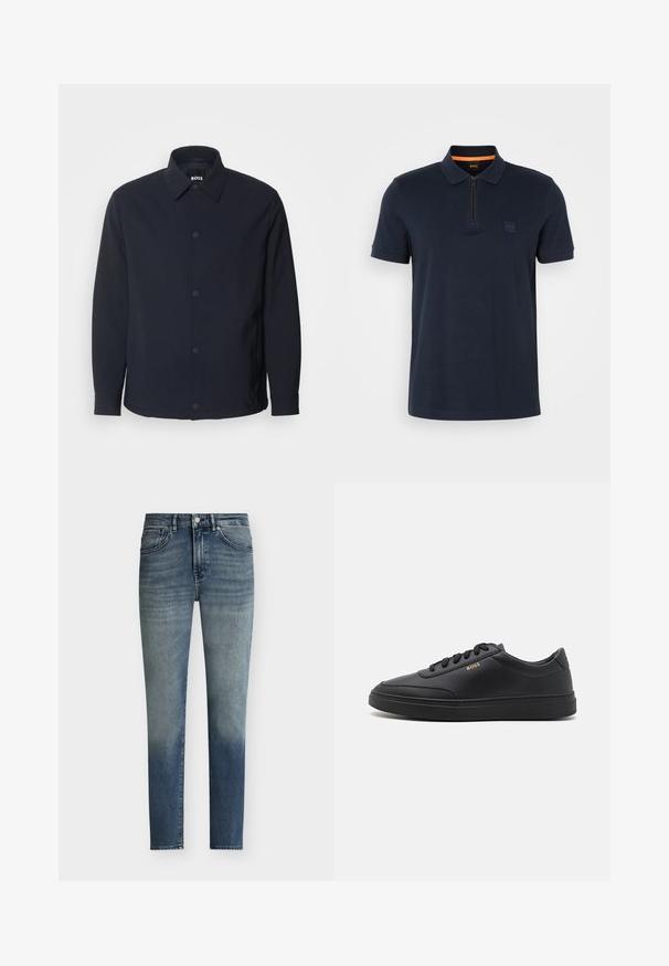 Marineblaue Jacke mit Knopfleiste, klassischem Kragen, langen Ärmeln und einer glatten, matten Textur sowie seitlichen Taschen.; Marineblaues Polohemd mit Reißverschlusskragen, ausgestattet mit einem kleinen Logopatch auf der Brust und kurzen Ärmeln. Material aus Baumwollmischung mit glatter Textur.; Herren Slim-Fit blaue Jeans mit dezenten Verwaschungseffekten, Knopfverschluss und Fünf-Taschen-Design.; Schwarze Leder-Sneaker mit glatter Textur, runder Zehenpartie, flacher Gummisohle und einfarbigen Schnürsenkeln. Mit goldfarbenem "BOSS" Logo an der Seite.