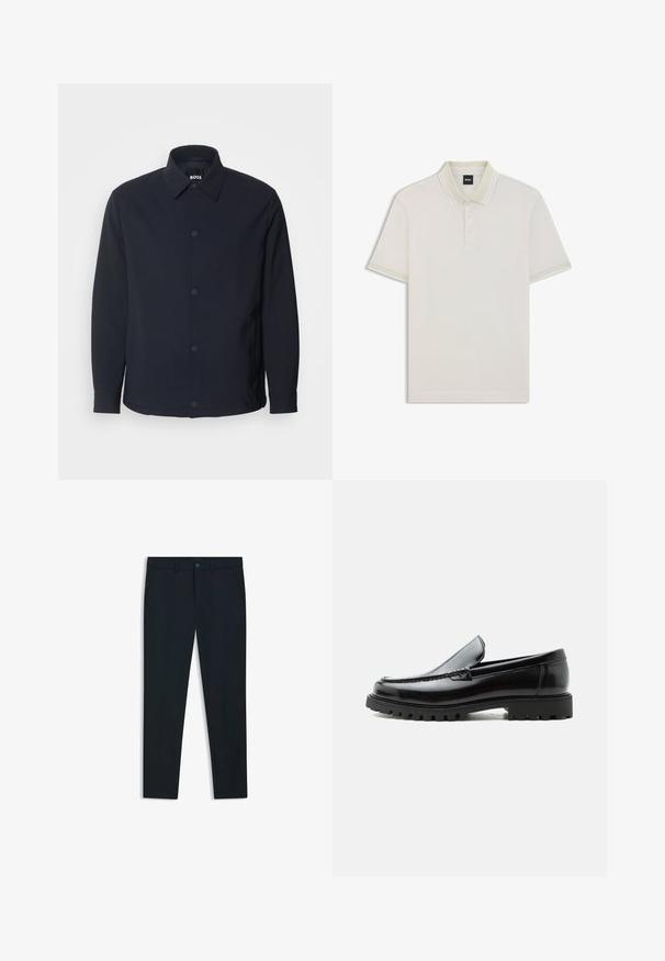 Marineblauwe jas met een knoopsluiting aan de voorkant, een klassieke kraag, lange mouwen en een gladde, matte textuur met zijzakken.; BOSS H-PROUT - Poloshirt - off white; Marineblauwe, op maat gemaakte broeken van een gladde stof; voorzien van steekzakken, riemlussen en een knoopsluiting. Rechtaf lopend ontwerp.; Zwarte leren loafer met dikke rubberen zool, gestikte bovenkant en gegraveerde merknaam op de hiel, zijaanzicht op witte achtergrond.