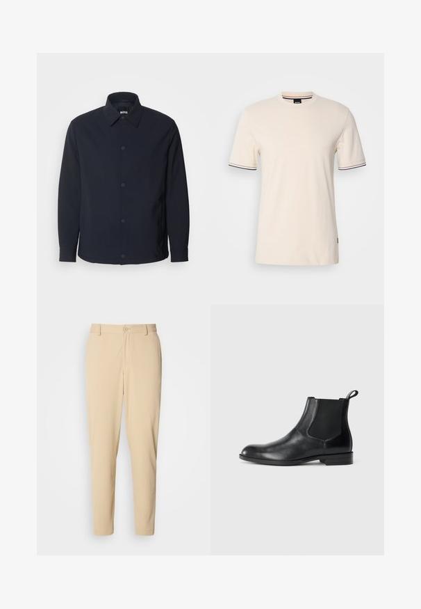 Marineblå jakke med knaplukning foran, klassisk krave, lange ærmer og en glat, mat tekstur samt sidelommer.; Kortærmet beige T-shirt lavet af bomuld, med rund hals, kontrastkant på ærmerne og et logo etikette på siden.; Beige bukser med struktur i slim fit, med knaplukning foran, bæltestropper og sidelommer. Glat stoffinish.; Sorte læder ankelstøvler med elastiske sidepaneler, rund tå og en trækloft. Glat tekstur, flad sål, minimalistisk design.