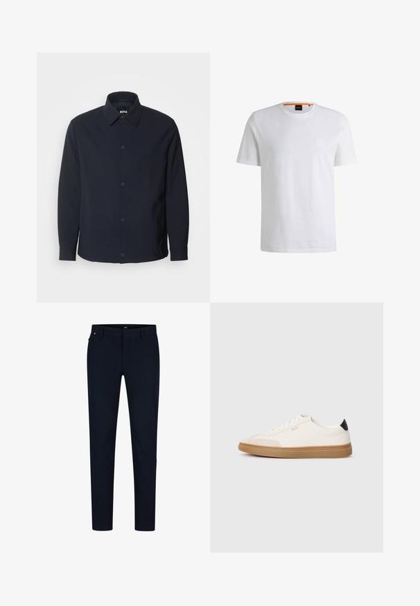 Marineblauwe jas met een knoopsluiting aan de voorkant, een klassieke kraag, lange mouwen en een gladde, matte textuur met zijzakken.; Witte katoenen t-shirt met korte mouwen en een ronde hals. Heeft een subtiele logo patch aan de voorkant en een oranje accent bij de kraag.; Marineblauwe broek van gladde stof, met een slim fit, riemlussen en een verborgen ritssluiting. Er zijn geen opvallende patronen of accenten aanwezig.; Witte sneakers met beige accenten, bovenwerk van glad leer, ronde neus en rubberen gumzool, met een zwarte hieltab en subtiele branding.