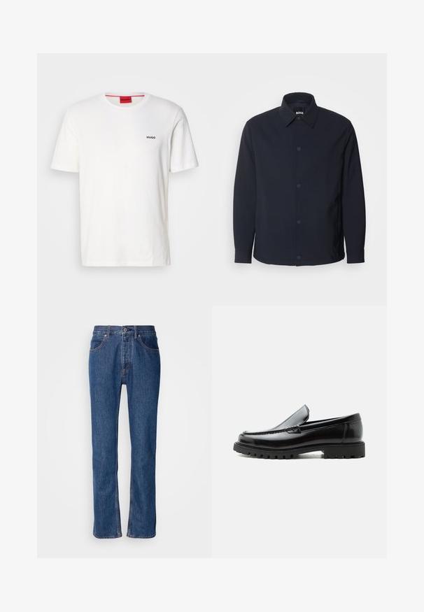 Chaqueta azul marino con cierre de botones en el frontal, cuello clásico, mangas largas y una textura suave y mate, con bolsillos laterales.; Camiseta de algodón blanca de cuello redondo y mangas cortas, con un pequeño logo negro "HUGO" en el lado izquierdo del pecho y una etiqueta roja de contraste en el interior.; Vaqueros de mezclilla azul con corte recto, diseño de cinco bolsillos y costuras claras. Presenta un cierre de cremallera y un botón en la parte frontal.; Mocasín de cuero negro con suela de goma gruesa, empeine cosido y nombre de la marca en relieve en el talón, mostrado en perfil lateral sobre fondo blanco.