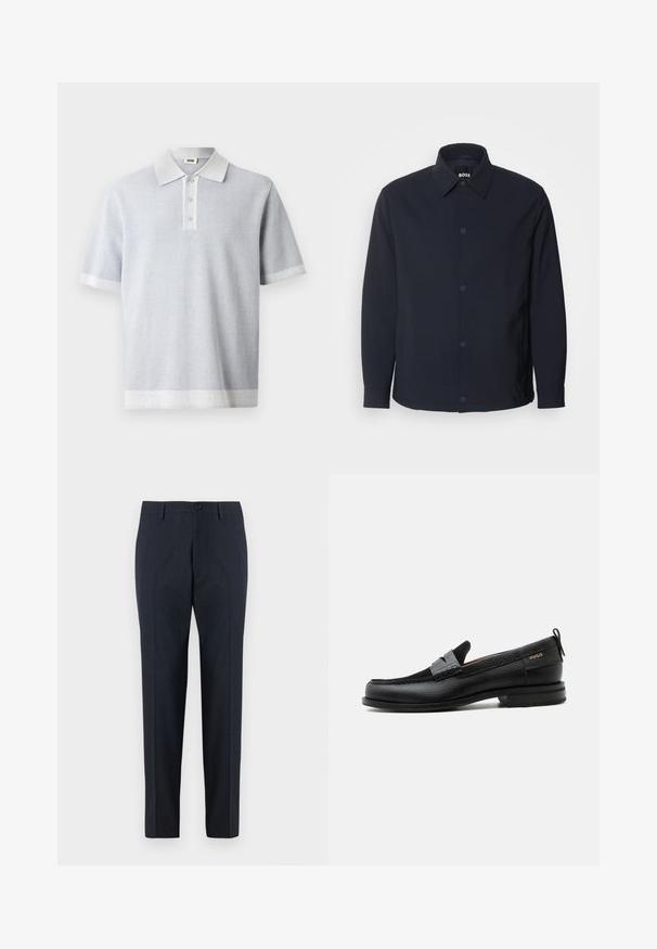 Veste bleu marine avec un bouton sur le devant, un col classique, des manches longues et une texture lisse et mate, dotée de poches latérales.; Polo gris clair avec un motif texturé, manches courtes, et un col et un ourlet blancs contrastants. Patte de boutonnage à trois boutons à l'avant.; DRYKORN AJEND - Chino - blue; Mocassin en cuir noir avec détail de bride grise, talon bas et semelle texturée, marqué "HUGO" en or sur le côté.