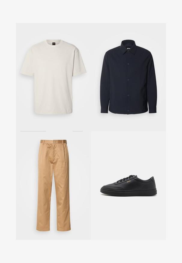 Marineblå jakke med knaplukning foran, klassisk krave, lange ærmer og en glat, mat tekstur samt sidelommer.; Kortærmet, crew-neck t-shirt i off-white bomuld med lige snit og minimal branding på kraven. Blød tekstur, uden mønstre.; Khaki bukser, blanding af bomuld, lige ben-design, frontfald, bæltesløjfer og knaplukning. Glat tekstur uden mønstre.; Sorte lædersneakers med en glat overflade, rund tå, flad gummisål og tonede snørebånd. Udstyret med guld "BOSS" branding på siden.