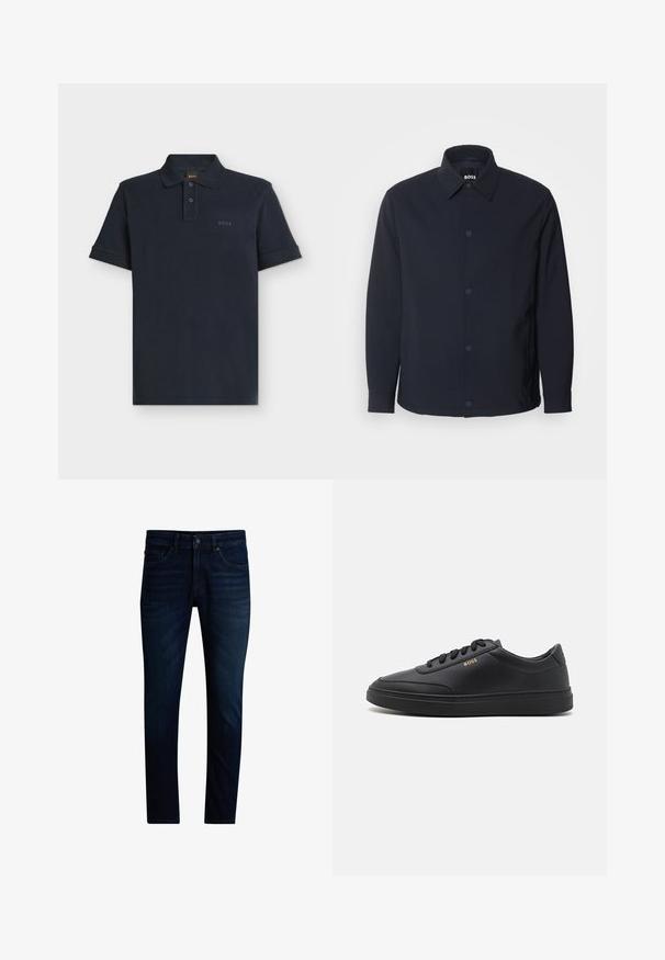 Veste bleu marine avec un bouton sur le devant, un col classique, des manches longues et une texture lisse et mate, dotée de poches latérales.; Polo bleu marine à manches courtes avec patte de boutonnage deux boutons et logo discret "BOSS" sur la poitrine gauche.; Jean slim bleu foncé avec fermeture avant par boutons et zip, style cinq poches et légère décoloration sur les cuisses.; Baskets en cuir noir avec une texture lisse, bout rond, semelle en caoutchouc plate et lacets ton sur ton. Présente une marque "BOSS" dorée sur le côté.