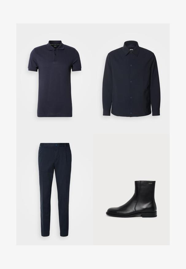 Marineblauwe jas met een knoopsluiting aan de voorkant, een klassieke kraag, lange mouwen en een gladde, matte textuur met zijzakken.; Marineblauwe polo van katoen, met een platte kraag, een drukknoopsluiting met drie knopen en een geborduurd logo op de borst. Korte mouwen.; Navyblauwe broek van een katoenmix, met een rechte snit, plooien aan de voorkant en een knoopsluiting in de taille. Gladde textuur, geen patronen.; Zwarte leren enkellaars met lage hak, zijstiksels en klein "HUGO" logo op de bovenste boord tegen een effen achtergrond.