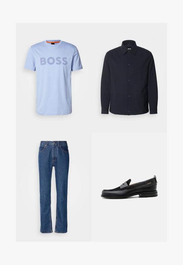 Chaqueta azul marino con cierre de botones en el frontal, cuello clásico, mangas largas y una textura suave y mate, con bolsillos laterales.; Camiseta de algodón azul claro con cuello redondo y mangas cortas, que presenta la palabra "BOSS" destacada en letras gruesas de color púrpura oscuro.; Vaqueros de mezclilla azul con corte recto, diseño de cinco bolsillos y costuras claras. Presenta un cierre de cremallera y un botón en la parte frontal.; Mocasín de cuero negro con detalle de tira gris, tacón bajo y suela texturizada, con la marca "HUGO" en oro en el lateral.