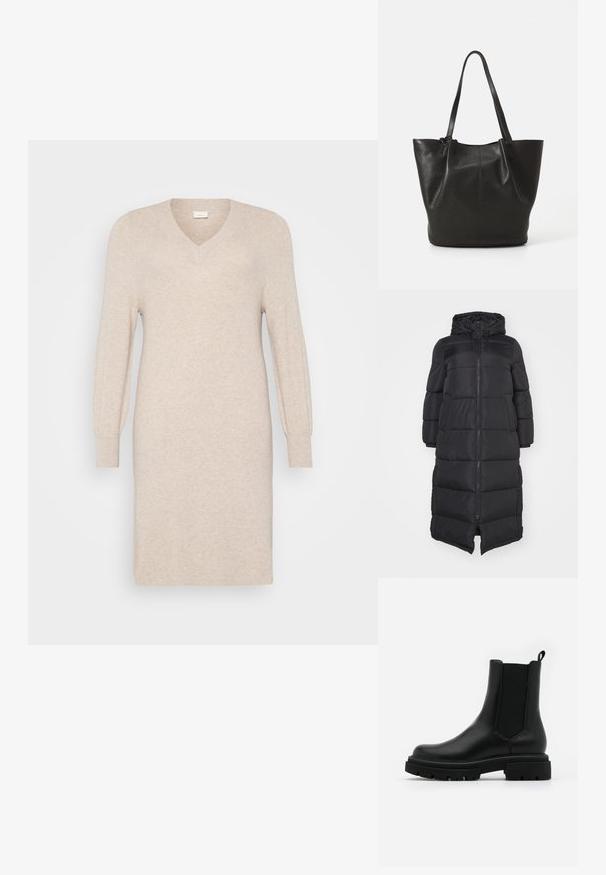 Sort puffet jakke med hætte, der har en frontlynlås og quiltede sektioner til isolering. Knelang design. Glat ydre tekstur.; Beige strikket kjole med V-udskæring, lange ærmer med manchetter og en tætsiddende silhuet. Glat tekstur og knælængde design.; Sorte læder Chelsea-støvler har en glat overflade, elastiske sidetillæg, en løftestang og en kraftig gummisål med en tekstureret slidbane.; Sort læder tote taske med en tekstureret overflade, to lange håndtag og et åbent topdesign. Enkel og praktisk form.