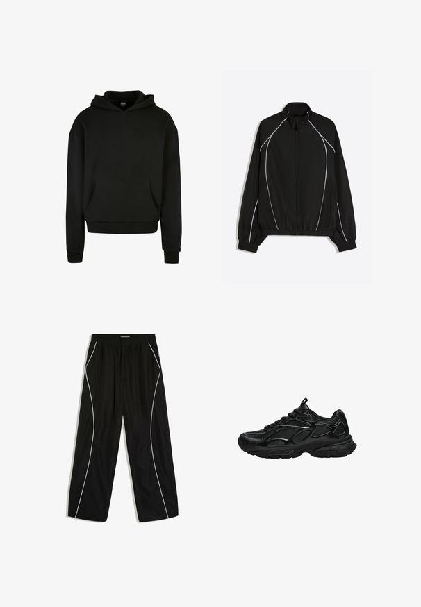 Schwarze Sportjacke mit Reißverschluss, weißen Paspeln an Ärmeln und Vorderseite, elastischen Bündchen und Bund sowie Stehkragen.; Schwarzer Kapuzenpullover aus weichem Stoff, mit einer Fronttasche, gerippten Bündchen und einem lässigen Schnitt.; Schwarze locker sitzende Trainingshose mit elastischem Bund und weißer geschwungener Paspelierung entlang der Außenseiten jedes Beins.; Schwarzer Sportschuh mit Mesh- und synthetischem Obermaterial, dicker gepolsterter Sohle und Schnürverschluss, seitlich auf weißem Hintergrund gezeigt.
