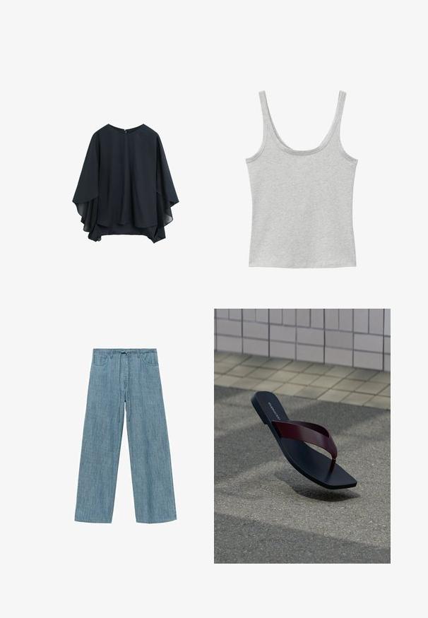 Weit geschnittene schwarze Bluse mit einem lagenweisen, asymmetrischen Saum und weiten, drapierten Ärmeln vor weißem Hintergrund.; Hellgraues ärmelloses Tanktop mit Rundhalsausschnitt aus einem weichen, melierten Stoff.; Hellblaue gestreifte weit geschnittene Hose mit einem Kordelzugbund, ausgestattet mit zwei Fronttaschen und einem weichen, strukturierten Stoff.; Ein einzelner schwarzer Flip-Flop mit einem dunkelroten Riemen, der über einer grauen Asphaltfläche schwebt, mit beigem gepflasterten Bürgersteig im Hintergrund.