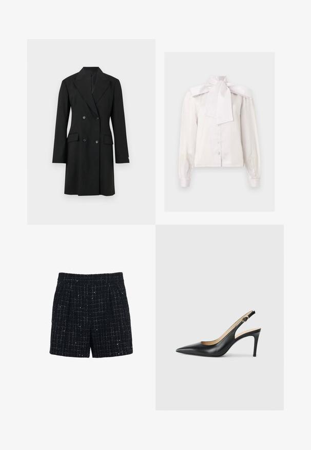 Robe blazer croisée noire avec revers à crans, manches longues, deux poches avant à rabat et quatre boutons noirs.; Blouse blanche à manches longues avec boutons, à fines rayures verticales et grand nœud décoratif au col haut.; Shorts en tweed noir avec un motif à carreaux intégrant des fils argentés, devant plissé et coupe ajustée. Texture lisse et longueur mi-cuisse.; Escarpins en cuir noir avec une pointe fine, une bride ajustable et un talon aiguille élégant, présentant une finition lisse.