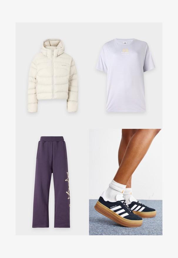 Salomon OUTLINE CROP - Gewatteerde jas - rainy day; Licht lavendelkleurig katoenen T-shirt met ronde hals, korte mouwen en een gouden grafische print van palmbomen op de voorkant.; Paarse joggingbroek met een elastische tailleband, zijzakken en een gouden grafisch ontwerp op het linkerpoot. Zacht materiaal met een losse pasvorm.; Ben met witte sokken en zwarte Adidas Gazelle sneakers met witte strepen en dikke bruine zolen op een grijs tapijt.