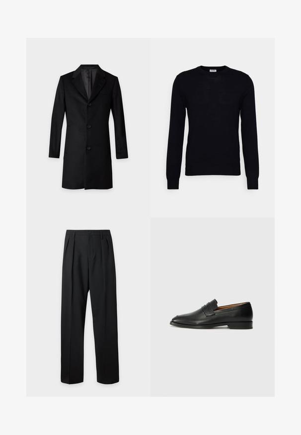 Sort langt skræddersyet overfrakke med tre forreste knapper og hakket reverskrave på hvid baggrund.; Sort langærmet sweater lavet af blødt strikket materiale. Rund halsudskæring, ribbede manchetter og kant. Minimalistisk design uden synlige mønstre eller knapper.; Sorte skræddersyede bukser med høj talje, bæltestropper, frontfolder, knaplukning og lige vide ben på en lys baggrund.; Sort læder loafer med rund tå, diskret syning, og lav hæl, der har en glat tekstur og minimalistisk design.