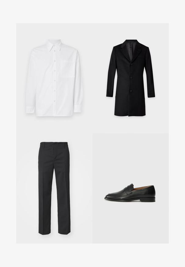 Manteau long noir sur mesure avec trois boutons sur le devant et col à revers cranté sur fond blanc.; Chemise blanche à manches longues en coton. Elle possède un col classique, une fermeture à boutons sur le devant et une poche poitrine simple du côté gauche.; Filippa K TROY TROUSERS - Pantalon classique - black; Mocassin en cuir noir avec un bout arrondi, des coutures subtiles et un talon bas, présentant une texture lisse et un design minimaliste.