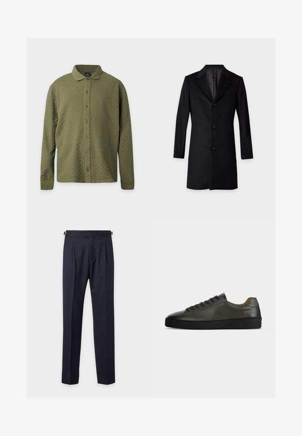 Manteau long noir sur mesure avec trois boutons sur le devant et col à revers cranté sur fond blanc.; Chemise à manches longues vert olive texturée, boutonnée, avec col et poignets, présentée sur un fond clair uni.; Pantalon habillé bleu marine cintré avec plis, pattes latérales ajustables et coupe droite slim sur un fond clair uni.; Basket basse en cuir gris foncé avec lacets et semelle noirs, design minimaliste, profil latéral sur un fond clair uni.