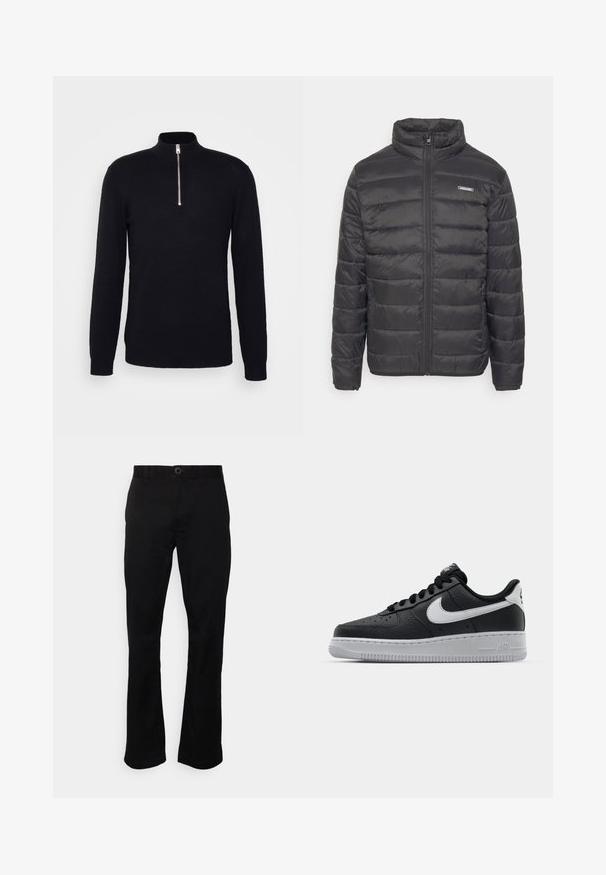 Doudoune noire avec un col montant, texture matelassée horizontale, fermeture éclair à l'avant et poches latérales. Présente un petit logo sur la poitrine.; Only & Sons ONSWYLER LIFE REG 14 HALF ZIP KNIT NOOS - Pullover - black; Pantalons noirs à jambes droites en tissu lisse. Dotés d'une fermeture à bouton, de passants de ceinture et de poches avant. Conception simple sans motifs.; Baskets en cuir noir avec surface texturée, swoosh Nike blanc, semelle grise, bout rond et design à lacets. Comprend des perforations sur la boîte à orteils.