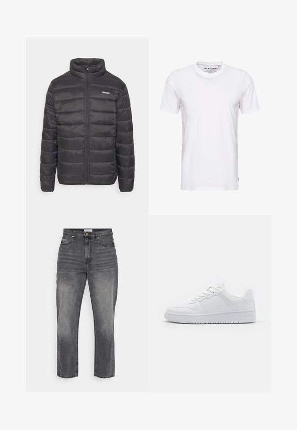 Doudoune noire avec un col montant, texture matelassée horizontale, fermeture éclair à l'avant et poches latérales. Présente un petit logo sur la poitrine.; T-shirt blanc à manches courtes en coton, avec un col rond et un design simple. Étiquette de marque visible au niveau du cou. Aucun motif ni accent.; Jeans en denim gris au design droit, présentant une finition délavée, des poches avant et une fermeture à bouton. Couture simple et détails d'ourlet.; Baskets blanches en matière synthétique lisse, avec des lacets plats, une pointe perforée et une semelle en caoutchouc dotée d'un motif de grip texturé.