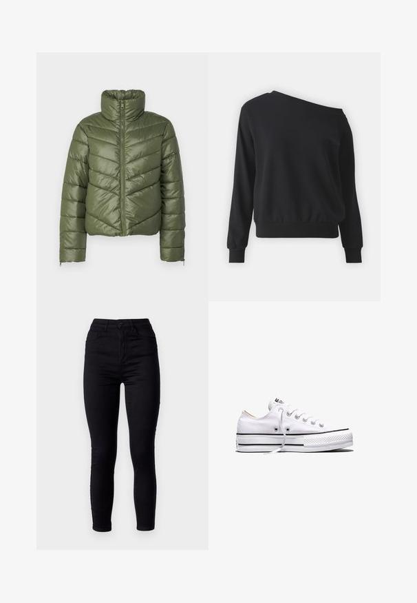 Olive roheline puhv Jacket kõrge kaelusega, eesnep sulgemine ja chevron-tikkimine. Omab elastseid mansette ja lühendatud siluetti.; Must mustriga, pehmest kangast, ühe õla disainiga, soonikute mansetiga ja vormitud vöökohta.; Mustad mustad teksad kõrge vöökohaga, valmistatud venivast denimist. Omab esimest nööbiklõpsu ja kahte tagumist taskut. Sile tekstuur.; Valge madala säärega lõuendjalats valgete paeladega, mustade triipudega tallal ja kummist tekstuuriga varbakaitsega, külgvaade valgel taustal.