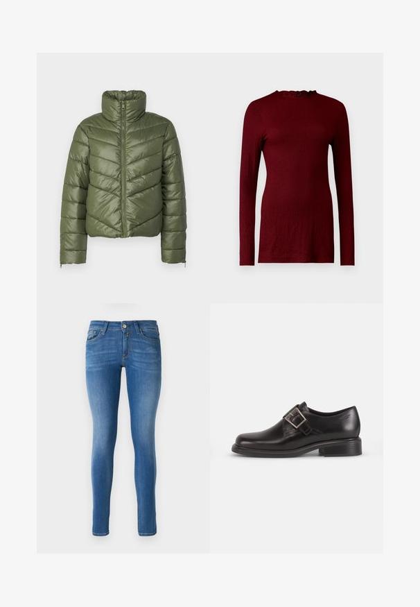 Olive roheline puhv Jacket kõrge kaelusega, eesnep sulgemine ja chevron-tikkimine. Omab elastseid mansette ja lühendatud siluetti.; Burgundivarjundiga longsleeve topp, millel on struktureeritud kangas, sakilise kaeluse ja keha lähedase disainiga.; Sinised teksapüksid, millel on keskmise kõrgusega vöökoht, traditsiooniline viie tasku kujundus ja õrn fade jalgadel.; Mustaline musta naha kleitking, millel on ümar varvas, külgmine rihm ja tekstureeritud pinnakate, asetatud lihtsa valge taustaga.