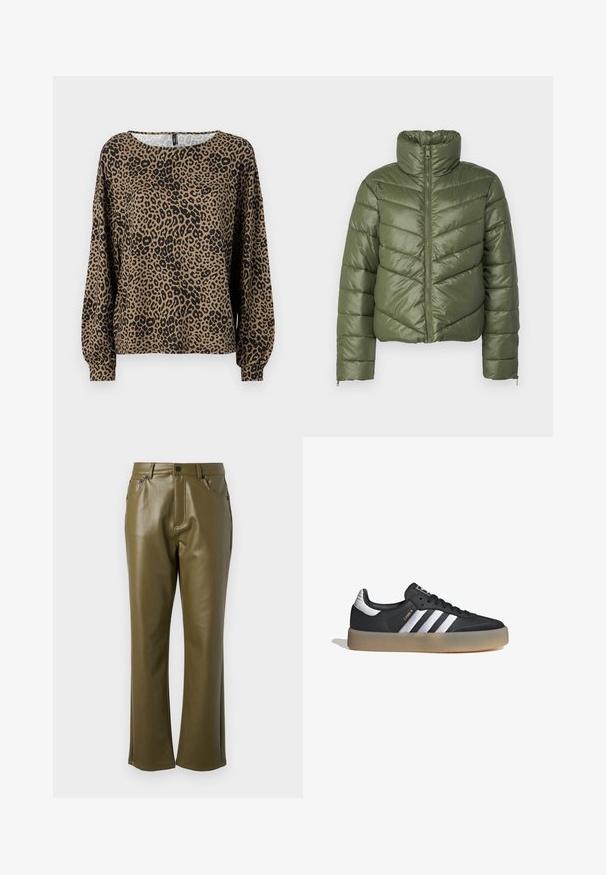 Chaqueta acolchada verde oliva con cuello alto, cremallera frontal y costuras en forma de chevron. Presenta puños elásticos y una silueta corta.; Blusa de manga larga con estampado de leopardo en marrón y negro, con un cuello redondo y puños de manga fruncidos, fabricada en un tejido suave y texturizado.; Pantalones de cuero sintético verde oliva con un diseño de pierna recta. Presentan bolsillos frontales y un cierre con cremallera y botón de metal. Textura suave.; Zapatilla deportiva de cuero negro con tres rayas plateadas, punta texturizada y suela de goma. Cuenta con un collar acolchado y un diseño con cordones.