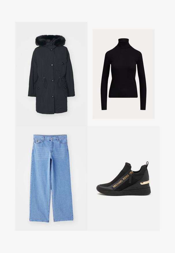 Zwarte parka met een nepbont capuchon, voorzien van een verticale rits, drukknoopsluiting, trekkoord in de taille en zijzakken. Glad, lichtgewicht stof.; Zwarte, aansluitende coltrui met lange mouwen en geribbelde textuur, afgebeeld op een effen lichte achtergrond.; Lichtblauwe wijde jeans van denim, met een klassieke vijf-pocketontwerp en een knoopsluiting. Soepele textuur, rafelige zoom.; Zwarte sportieve sneaker met meshpanelen, gouden logodetails, slip-on ontwerp en een wiggenhak voor extra hoogte. Rubberen zool.