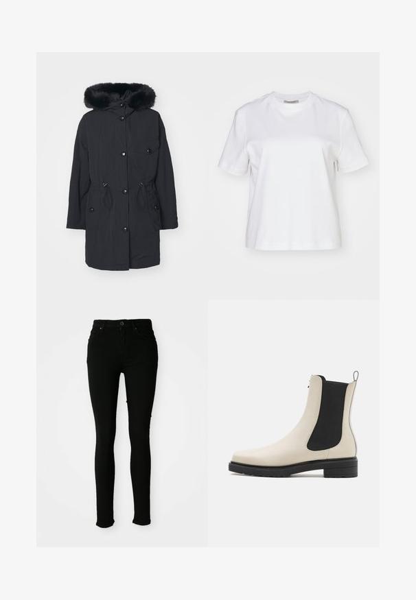Schwarze Parka mit Kunstfellkapuze, ausgestattet mit einem Frontreißverschluss, Druckknöpfen, verstellbarem Taillenbund und seitlichen Taschen. Glattes, leichtes Material.; AllSaints LISA TEE - T-Shirt basic - white; Schwarze enge Jeans aus Denim mit glatter Textur, ausgestattet mit einem Knopfverschluss, Gürtelschlaufen und ohne sichtbare Abnutzungsspuren.; Weiße Leder-Stiefelette mit elastischen schwarzen Einsätzen, runder Spitze, strukturiertem Sohlenprofil und Ziehschlaufe an der Ferse. Verfügt über ein elegantes Design.