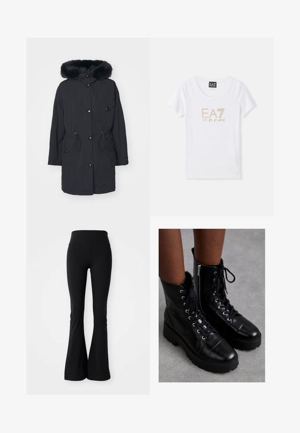 Parka noire avec capuche en fausse fourrure, dotée d'une fermeture éclair à l'avant, de boutons-pression, d'une taille à cordon de serrage et de poches latérales. Tissu lisse et léger.; T-shirt en coton blanc avec un col rond, arborant un logo en strass doré "EA7 EMPORIO ARMANI" centré sur le devant.; Leggings évasés noirs fabriqués en matériau extensible, dotés d'une taille haute et d'une texture lisse. Aucun motif ou quincaillerie visible.; MICHAEL Michael Kors BLAKE BOOTIE - Bottines à lacets - black