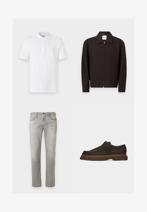 Mørkebrun lynlåstrøje med krave, to frontlommer og lange ærmer, mærket med Sandro-label inde i kraven.; Hvid polo shirt lavet af bomuld, med en klassisk krave, korte ærmer og et diskret logo broderet på brystet.; Grå denim jeans med lige pasform, fem lomme-design, knaplukning og subtilt slid. Glat tekstur og rene linjer.; Mørkebrun herresko i ruskind med snørebånd, fremhævet syning og tyk gummisål med mellemsål i træ.