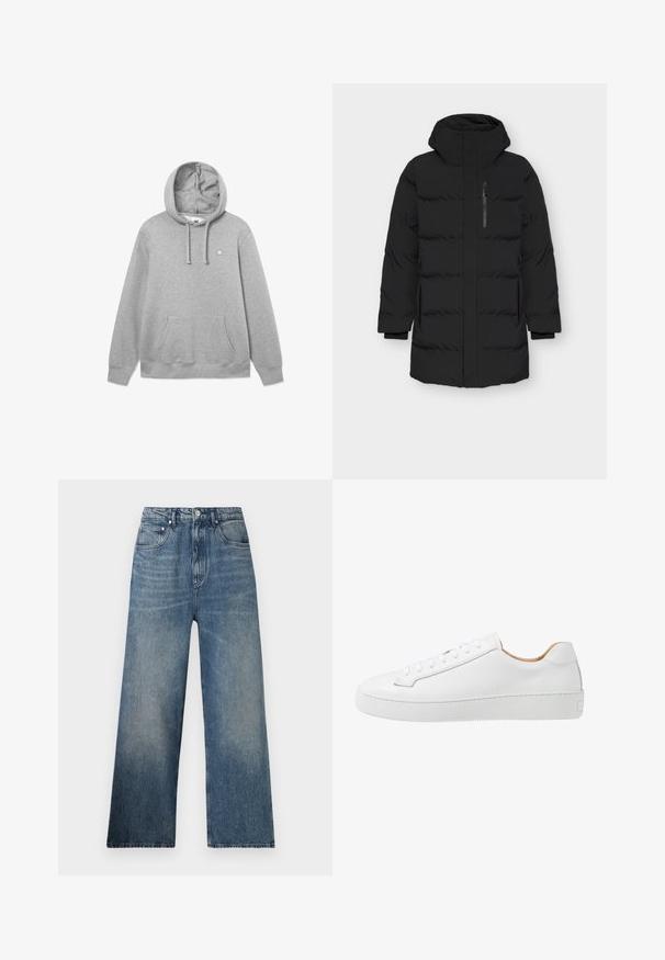 Veste rembourrée noire avec un col haut et une fermeture éclair à l'avant. Elle présente des poches latérales, une texture lisse et un design matelassé avec des sections rembourrées.; Hoodie en coton gris avec une poche kangourou à l'avant, capuche réglable par cordon, et petit logo sur la poitrine. Texture douce et coupe décontractée.; Jean large en denim bleu à taille haute, avec une légère décoloration, cinq poches et une fermeture à bouton en métal à l'avant.; Sneaker en cuir blanc avec une finition lisse, bout rond, design plat à lacets, et une semelle en caoutchouc épaisse présentant un motif de grip texturé.