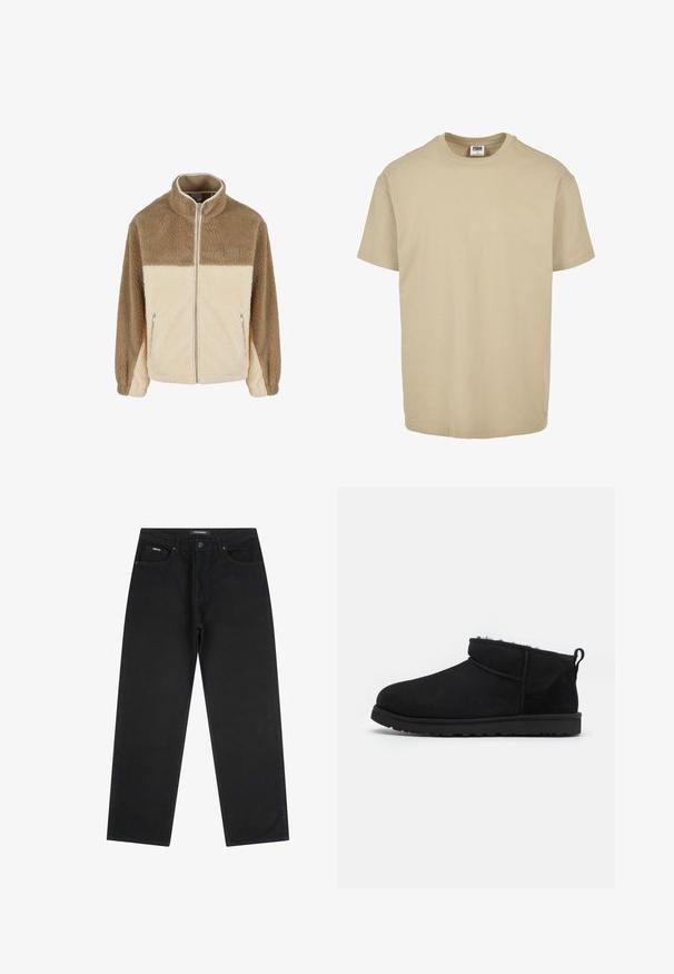Fleecejacke mit hohem Kragen, mit einem Farbsperrdesign in Beige und Creme, Reißverschluss und zwei seitlichen Reißverschlusstaschen.; Beige Baumwollt-Shirt mit Rundhalsausschnitt, kurzen Ärmeln und geradem Saum. Glatte Textur, schlichtes Design, ohne Muster oder Akzente.; Schwarze Jeans mit geradem Bein, fünf Taschen, Knopfverschluss und Gürtelschlaufen, Größe 32.; Schwarze Wildleder-Stiefeletten mit einem weichen, strukturierten Innenfutter, einer flachen Gummisohle und einer Zugschlaufe auf der Rückseite für ein einfaches Anziehen.