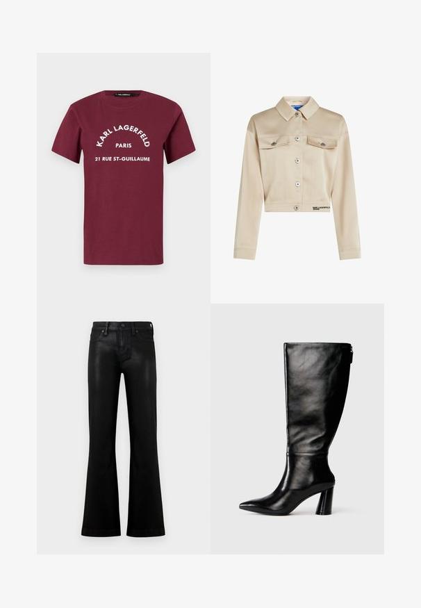Kurz geschnittene beige Jacke aus glattem Stoff, mit spitzem Kragen, Knöpfen vorne, zwei Brusttaschen und Logodetail am Saum.; Bordeauxfarbenes T-Shirt mit kurzen Ärmeln und weißem Aufdruck "KARL LAGERFELD PARIS 21 RUE ST-GUILLAUME" zentral auf der Vorderseite.; Schwarze Jeans mit hohem Bund und leicht ausgestelltem Bein, vorne mit Knopf- und Reißverschluss sowie Fünf-Taschen-Design vor hellem, einfarbigem Hintergrund.; Knöchelhohe schwarze Lederstiefel mit einer spitzen Zehe, glatter Oberfläche und einem klobigen Absatz. Verfügt über einen Reißverschluss hinten.