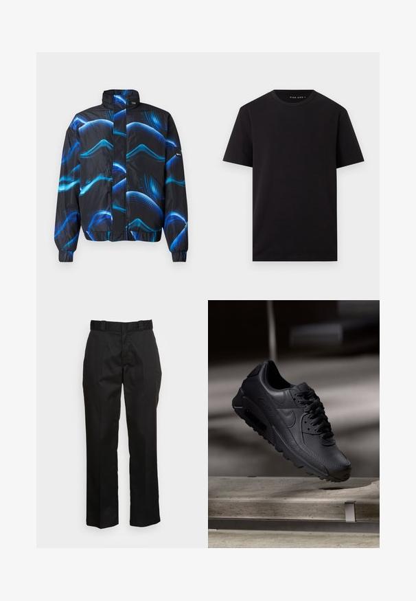 Veste à motifs noir et bleu avec un col haut, fermeture éclair, poignets élastiques et des lignes bleues ondulées sur l'ensemble du tissu.; T-shirt noir à manches courtes avec col rond et ourlet droit, en tissu lisse, présenté sur fond blanc uni.; Pantalons noirs en tissu lisse, avec une coupe droite, des passants de ceinture et deux poches latérales. Look classique sans embellissements.; Baskets noirs Nike Air Max avec un dessus en cuir texturé, semelle en caoutchouc et un système de laçage proéminent, mettant en avant un design moderne et épuré.